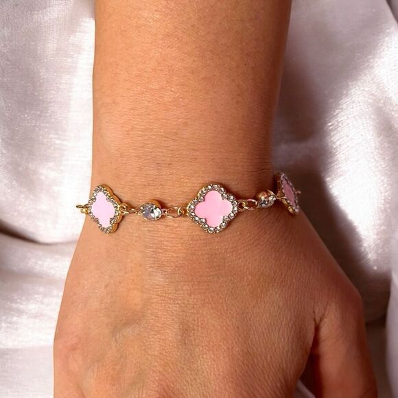Elegant Pink Clover Rhinestone Gold Tone Bracelet - Picture 3 of 4